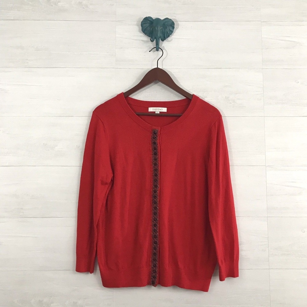 Ellen Tracy Red Jeweled Crew Neck Cardigan - Picture 1 of 7